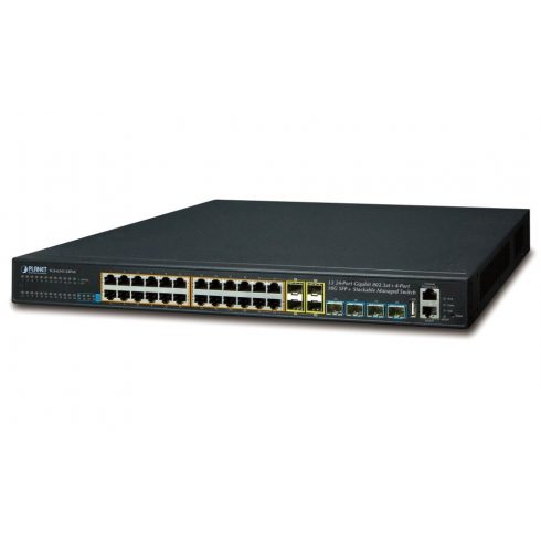 Planet SGS-6341-24P4X L3 preklopnik, 24x1Gb, 4x1Gb SFP, 4x10Gb SFP+, 24x PoE 802.3at 370W, HW/IP stog, VSF/klaster