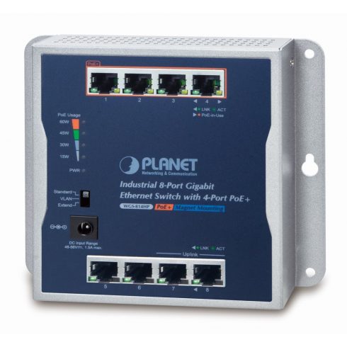 Planet industrijski ravni prekidač 8x 1Gb, 4x PoE 30/60W, 48-56V, IP30, -20/60st, bez ventilatora