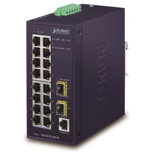 Planet IGS-4215-16T2S průmyslový L2 switch, 16x1Gb, 2x1Gb SFP, dual 12-48VDC, -40~75°C, 1x RJ45 serijski port, IP30