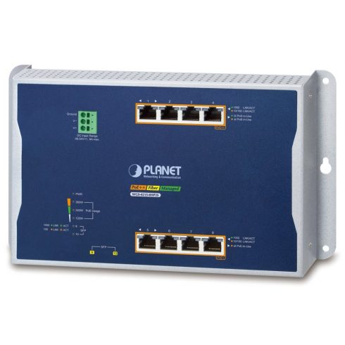 Planet WGS-4215-8HP2S plochý L4 switch, 8x1Gb, 2x1Gb SFP, 4+4 PoE 802.3at/bt 360W, 48-56VDC, -40~75°C, IP30, bez ventilatora