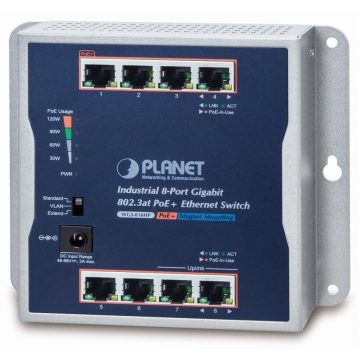   Planet industrijski ravni prekidač 8x 1Gb, 8x PoE 30/120W, 48-56V, IP30, -20/60st, bez ventilatora