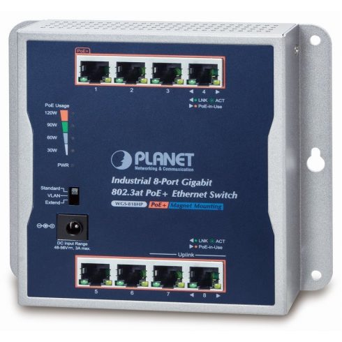 Planet industrijski ravni prekidač 8x 1Gb, 8x PoE 30/120W, 48-56V, IP30, -20/60st, bez ventilatora