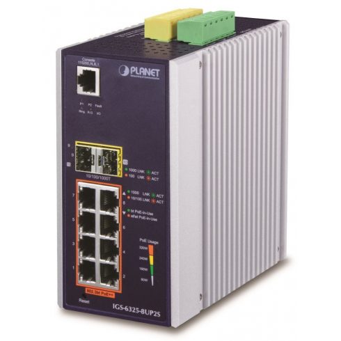 Planet IGS-6325-8UP2S industrijski L3 prekidač, 8x1Gb, 2x2.5Gb SFP, PoE 802.3bt 360W, 48-54VDC, -40~75°C, bez ventilatora