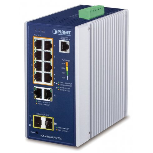 Planet IGS-4215-8UP2T2S průmyslový L2 switch, 8x1Gb, 2x1Gb SFP, 8x PoE 802.3bt 360W, 48-54VDC, -40~75°C, IP30