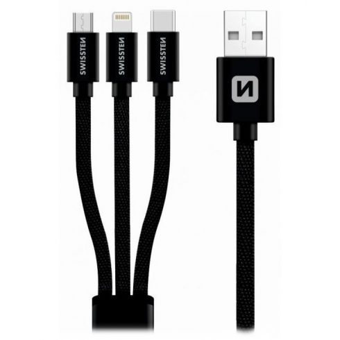 Swissten Data kabel 3u1 MFi, 1,2 m, tekstil, (micro USB, USB-C, Lightning) crni