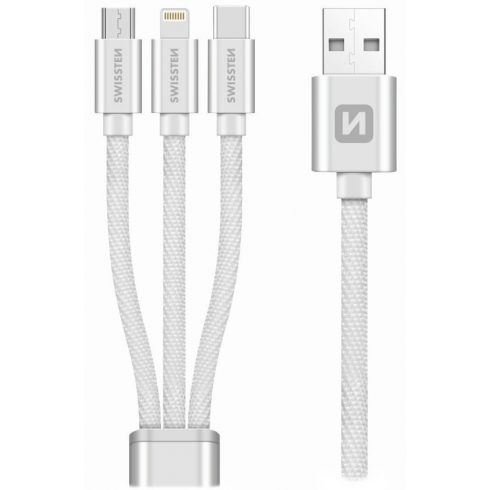 Swissten Data kabel 3u1 MFi, 1,2 m, tekstil, (micro USB, USB-C, Lightning) srebrni