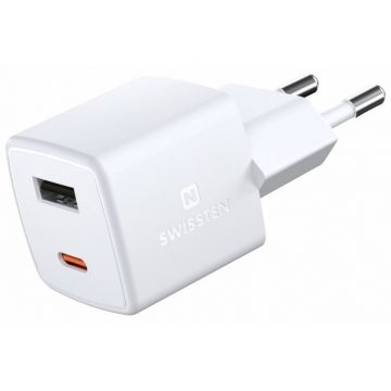   Swissten mrežni adapter GaN 1x USB-C + 1xUSB 30W PD mini 3x3x3 cm bijeli