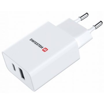 Swissten mrežni adapter GaN 1x USB-C + 1x USB 30W PD bijeli