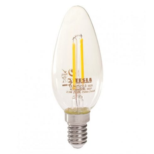 TESLA LED žarulja FILAMENT RETRO svijeća/ E14/ 2.5W/ 230V/ 250lm/ 2700K/ topla bijela/ prozirna