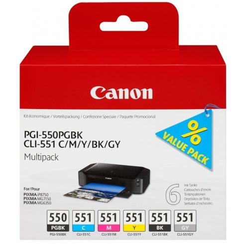 Višestruki paket Canon spremnika PGI-550 + CLI-551 (CMYBkGY, 19 000 str) za Canon PIXMA iP8750, MG7150, MG6350