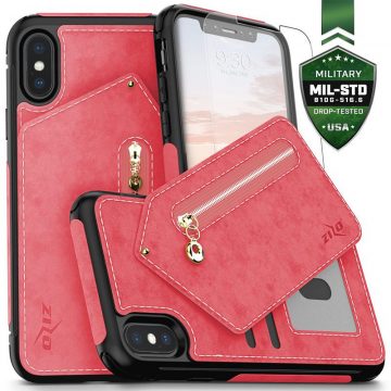   Zizo Nebula Wallet Case - stražnja strana novčanika i torbica na patentni zatvarač sa zaštitom zaslona od kaljenog stakla za iPhone X (roza/crna)