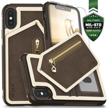   Zizo Nebula Wallet Case - stražnja strana novčanika i torbica na patentni zatvarač sa zaštitom zaslona od kaljenog stakla za iPhone X (tamno smeđa/smeđa)