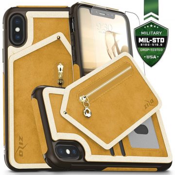   Zizo Nebula Wallet Case - stražnja strana novčanika i torbica na patentni zatvarač sa zaštitom zaslona od kaljenog stakla za iPhone X (svijetlo smeđa/smeđa)